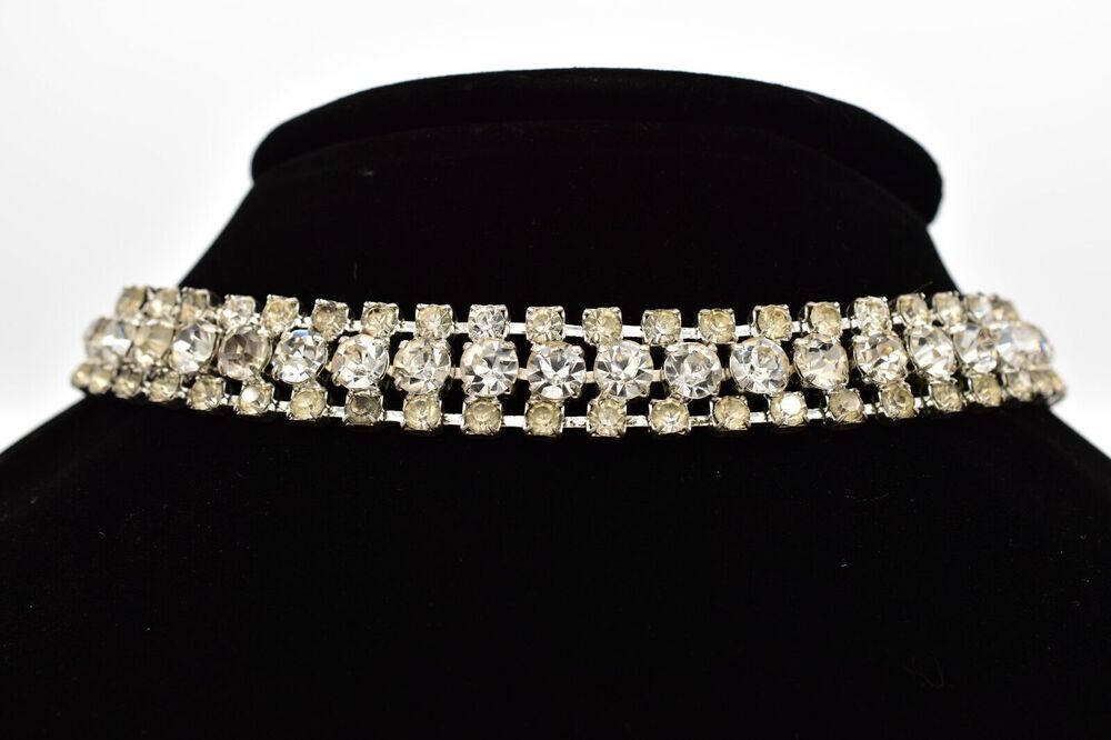 Vintage Crystal Choker Necklace Prong Rhinestone Silver Glam Chunky Glitz BinA17